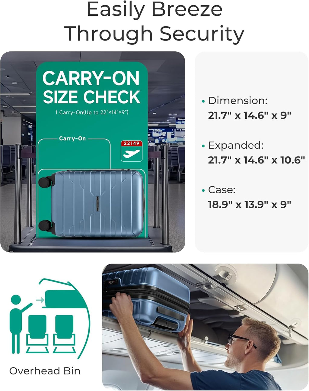 Carry on Luggage 22x14x9 Airline Approved with Spinner Wheels, Lightweight 20 Inch Suitcase with TSA Lock, Expandable