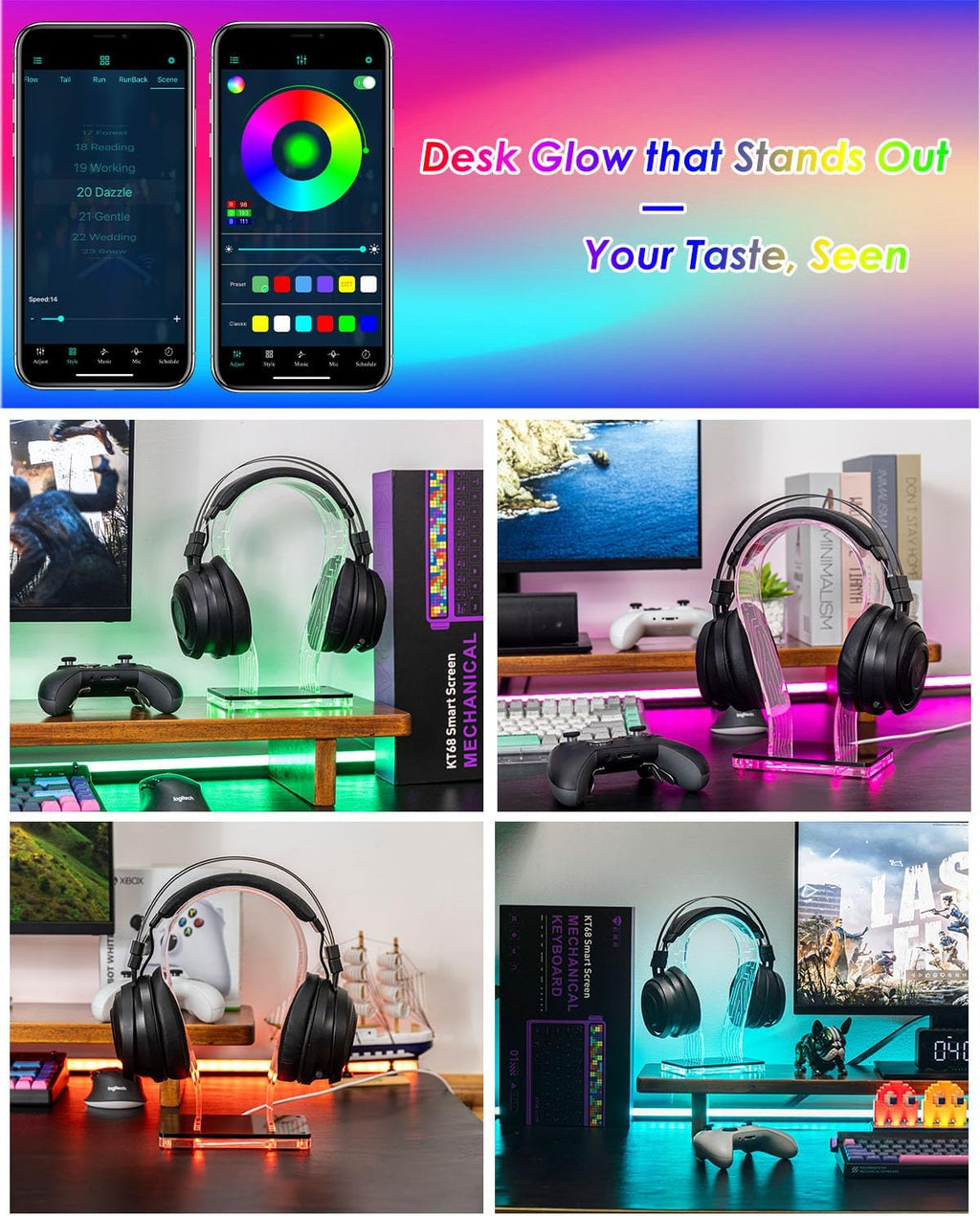 Acrylic RGB Headphone Stand for Desk with Many Light Modes & Colors | Customizable 213 lighting modes & 60,000