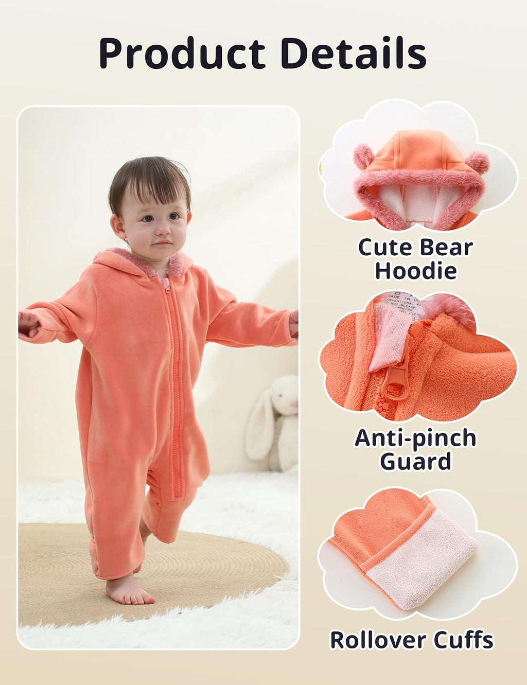 Baby Fleece Bodysuit Infant Boy Girl One Piece Bear Hooded Outerwear Snowsuit For Winter