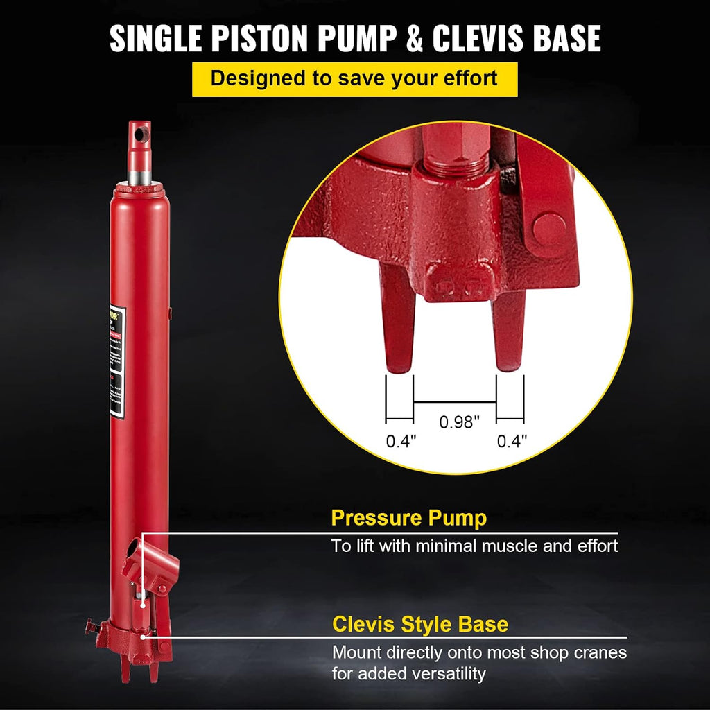 Hydraulic Long Ram Jack, 8 Tons/17363 lbs Capacity, with Single Piston Pump and Clevis Base, Manual Cherry Picker