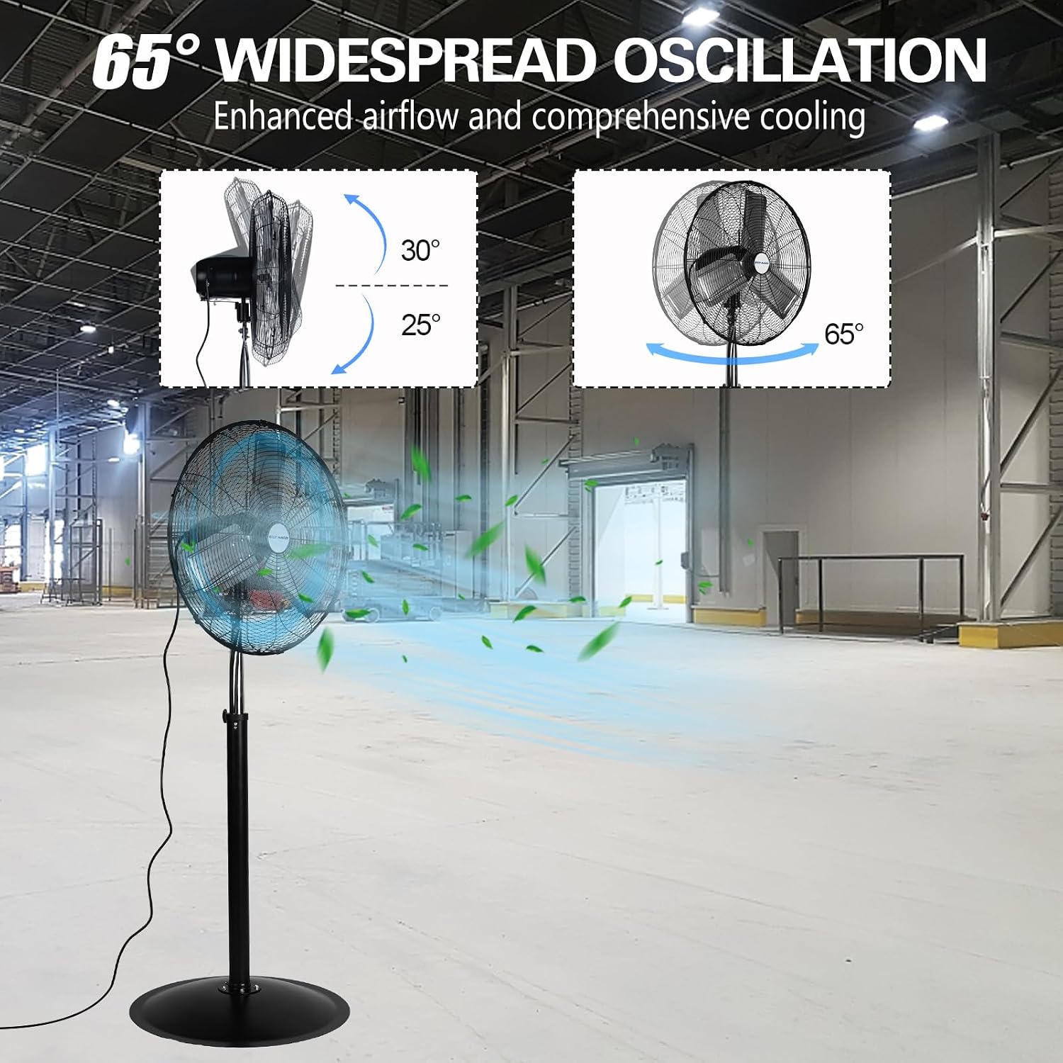 6450 CFM 24" High Velocity Pedestal Oscillating Fan, 3-Speed Adjustable Height Industrial Floor Fan with Aluminum