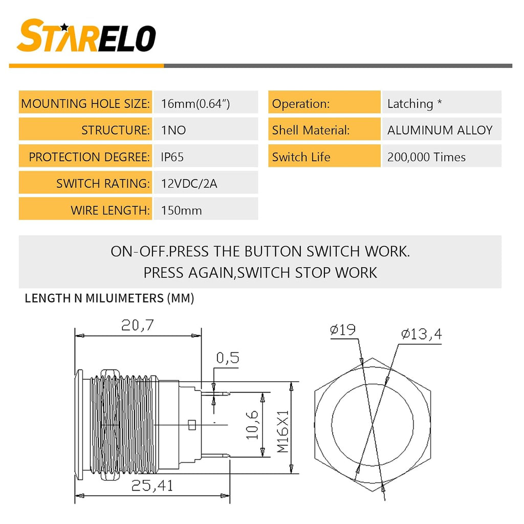 STARELO 5pcs 16mm Latching Push Button Switch Black Shell with pre-Wiring, IP65 Waterproof Push Button Switch,Aluminum Alloy 1 Normally Open Without LED.