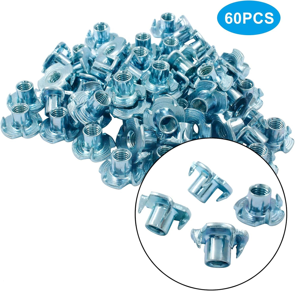 Hitefu M5 X 8mm T-Nut, 4 Pronged, Zinc Plated, 60Pcs