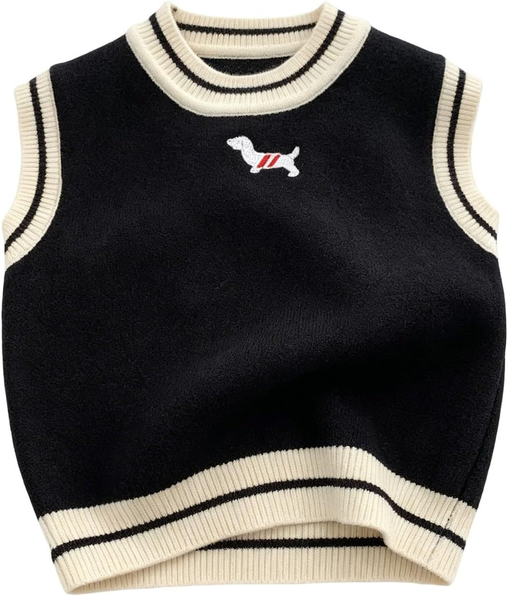 Kids Sweaters Casual Sleeveless Neck Striped Trim Knit Sweater Baggy Comfy Fashion Cute Embroidery Preppy Style