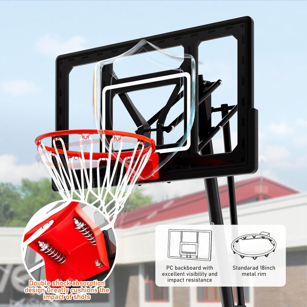 Basketball Hoop, 40&44&48IN Backboard with Portable Wheels | 10FT Hand-Crank Adjustable Basketball Goal System