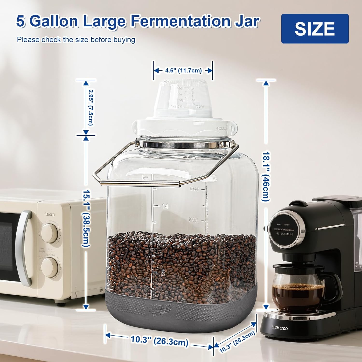 5 Gallon Square Fermentation Jar with Wide Mouth, Stainless Handles, 1 Pack | Airtight Seal, Airlock Included, Quart