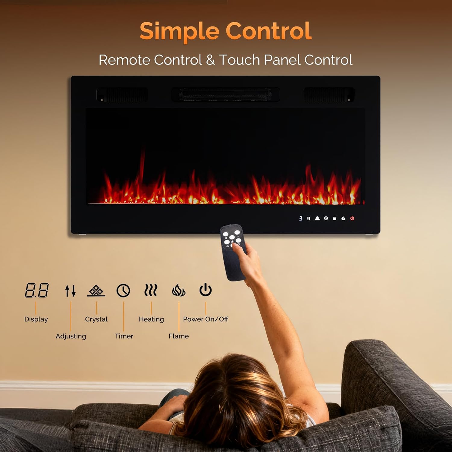 36 Inch Electric Fireplace with Remote, 1500W Wall Mounted & Recessed Fireplace with Timer, 12 Flame Color, 5