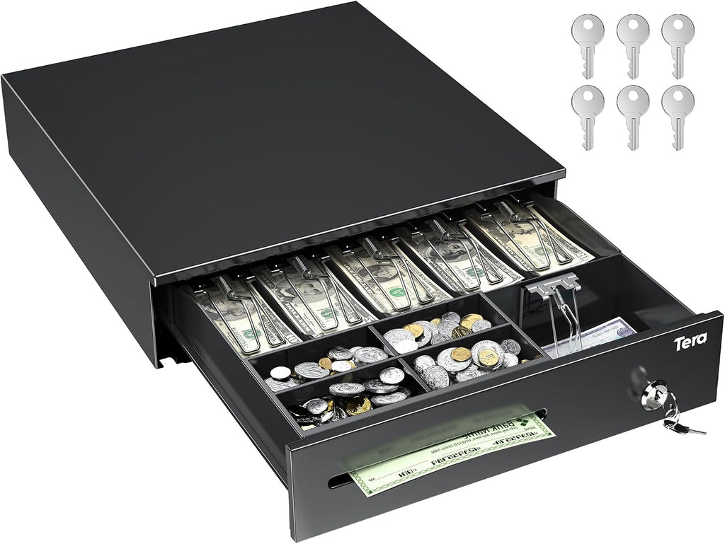 Cash Register Drawer 16 Inch: 6 Bill 4 Coin Media Slot for POS, 4042G | RJ-12, Metal Case, Auto & Manual Open