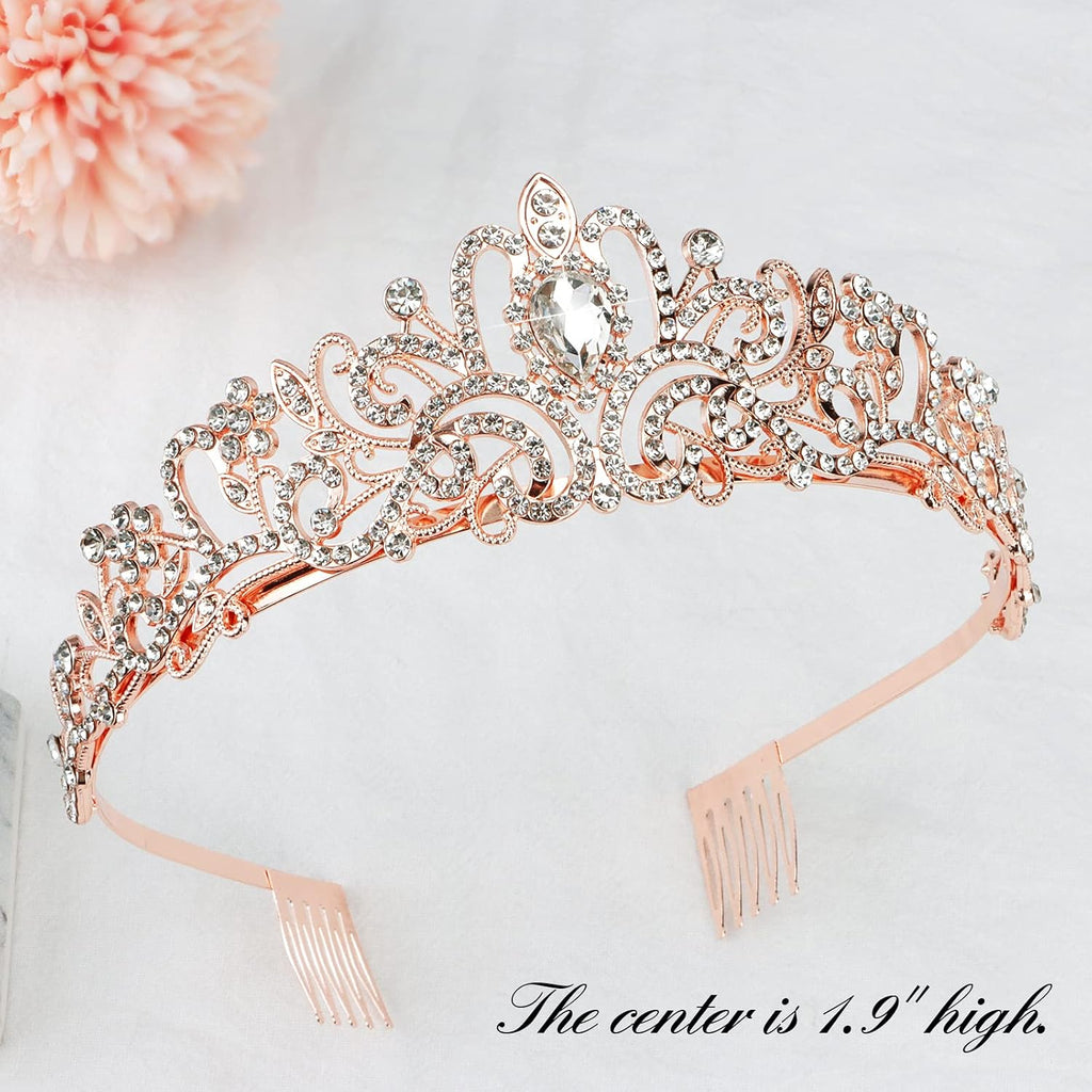 Princess Crown and Birthday Sash Set - Tiara for Women, Girls Birthday Decorations and Gifts - Rose Gold