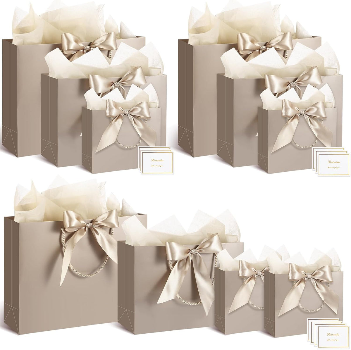10 Set Gift Bags Assorted Sizes with Handles, Champagne Luxury