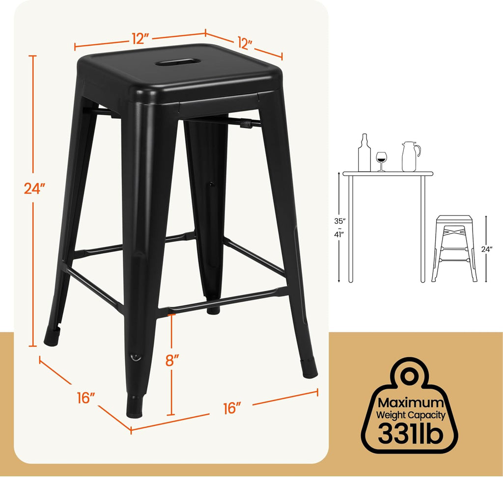 24 Inch Metal Bar Stools Set of 4, Stackable Barstools, Black