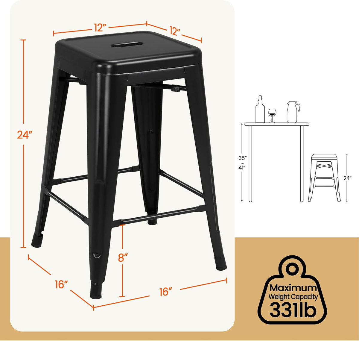 24 Inch Metal Bar Stools Set of 4, Stackable Barstools, Black