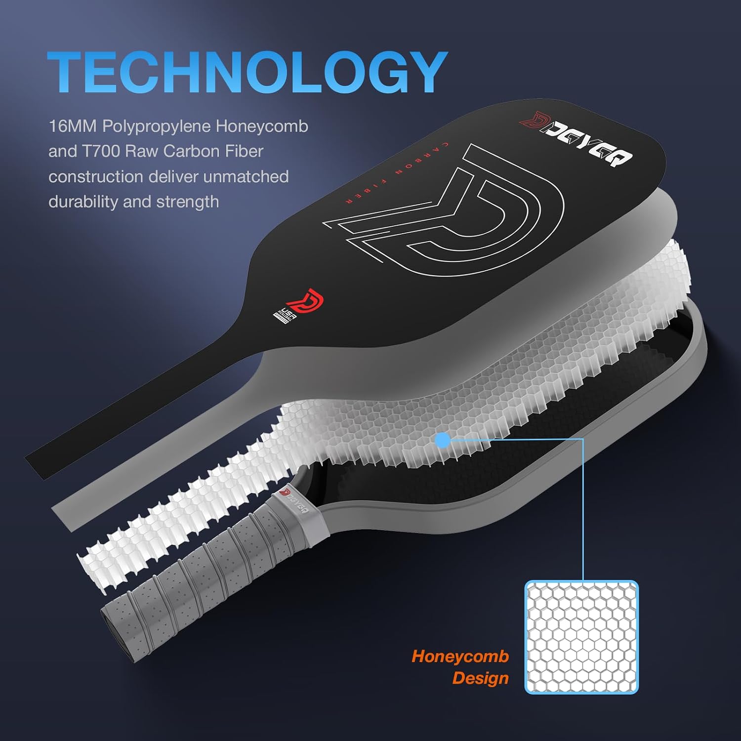 Pickleball Paddles with Polypropylene Honeycomb Core, T700SC Power Carbon Fiber Pickleball Paddle, Increased Power