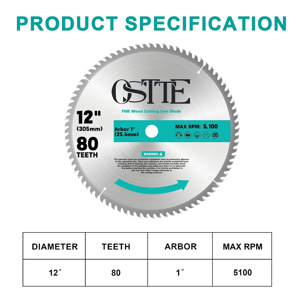 12-Inch 80T Miter Saw Blade, 1" Arbor | Carbide Tipped, ATB Smooth Crosscuts, Hardwood/Softwood/MDF/Plywood, for