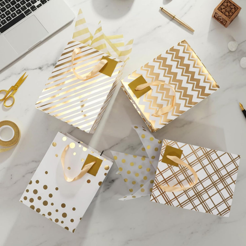 12 Pcs Assorted Gift Bags with Handles Metallic Gold,White.gold