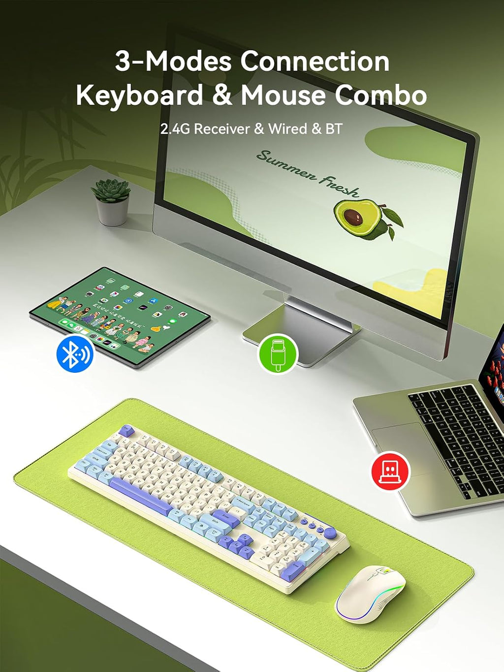 Wireless Keyboard and Mouse Combo, RGB Backlit Rechargeable 2000 mAh Battery, Wireless Computer Keyboards, Tri-Mode