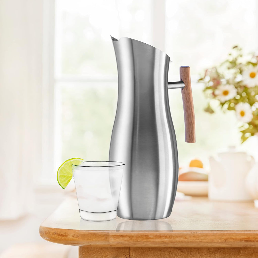 Slimline Stainless Steel Pitcher- Stainless Steel Water w/Ice Guard, Water Carafe, Great Metal Container for