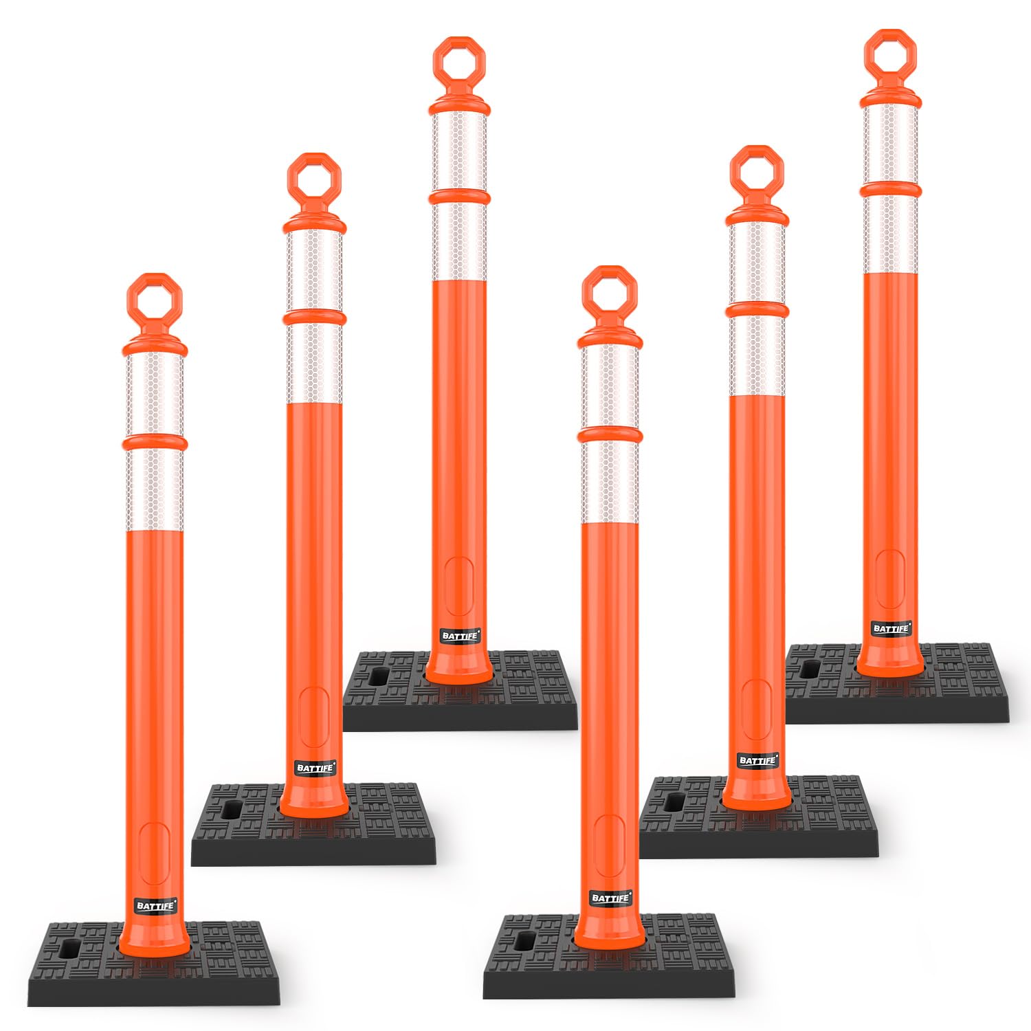 42 Inch Orange Traffic Cones Delineator Posts with Base 6 Pcs | 11.8" x 11.8" weighted base with reflective collars