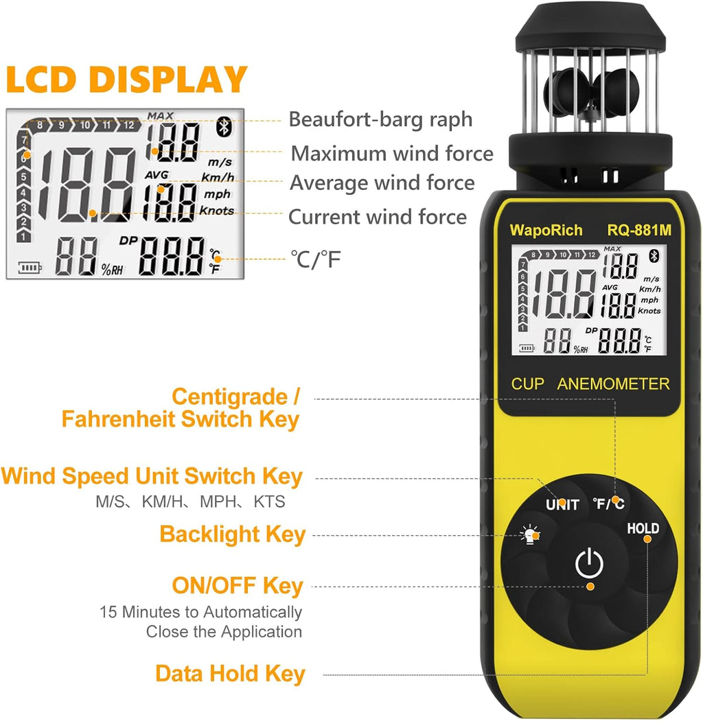 Wind Cup Anemometer 1.5-93MPH, Digital Wind Speed Meter RQ-881M
