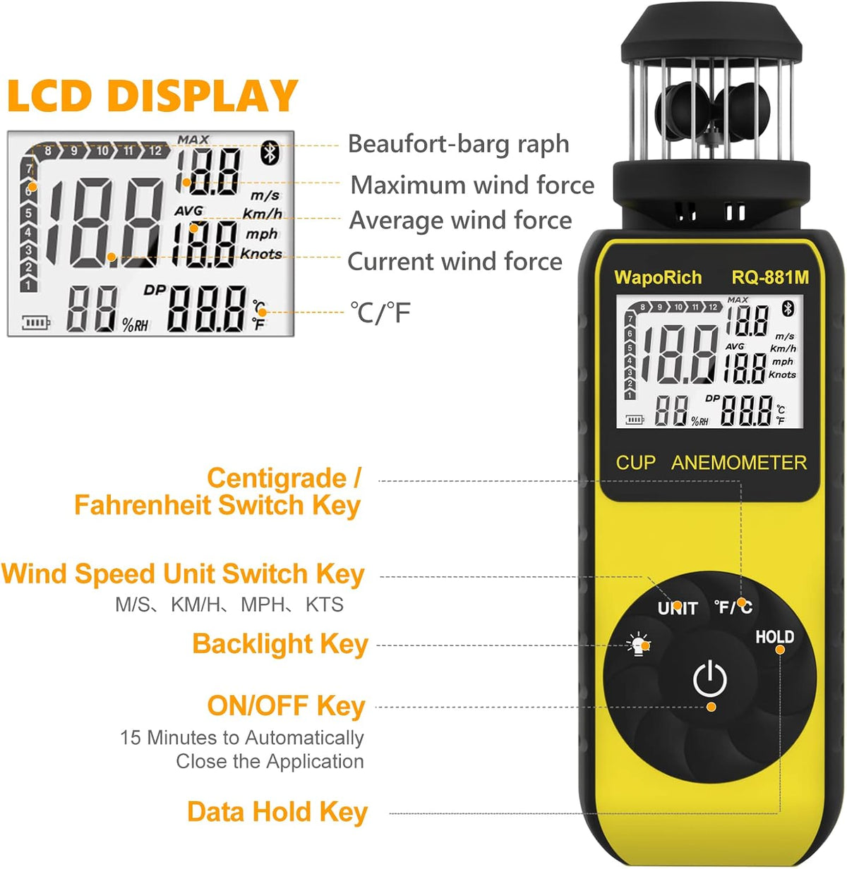 Wind Cup Anemometer 1.5-93MPH, Digital Wind Speed Meter RQ-881M