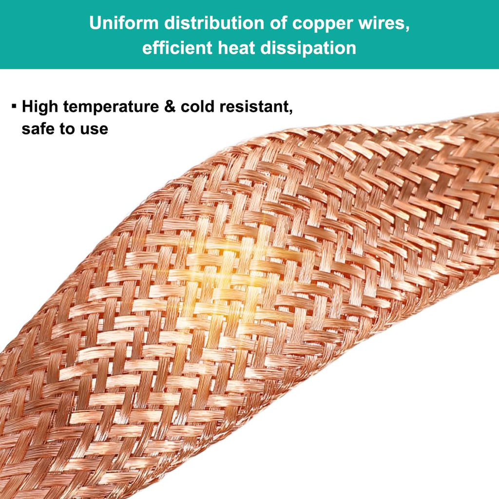 9.84ft Flat Copper Braided Ground Strap with Rings Terminal for Protect Wire