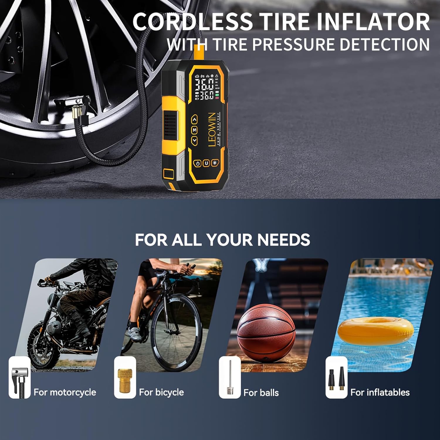 Jump Starter with Air Compressor, Battery Jumper Starter Portable(9.0 Gas/6.5L Diesel) with Tire Inflator, 12V Car