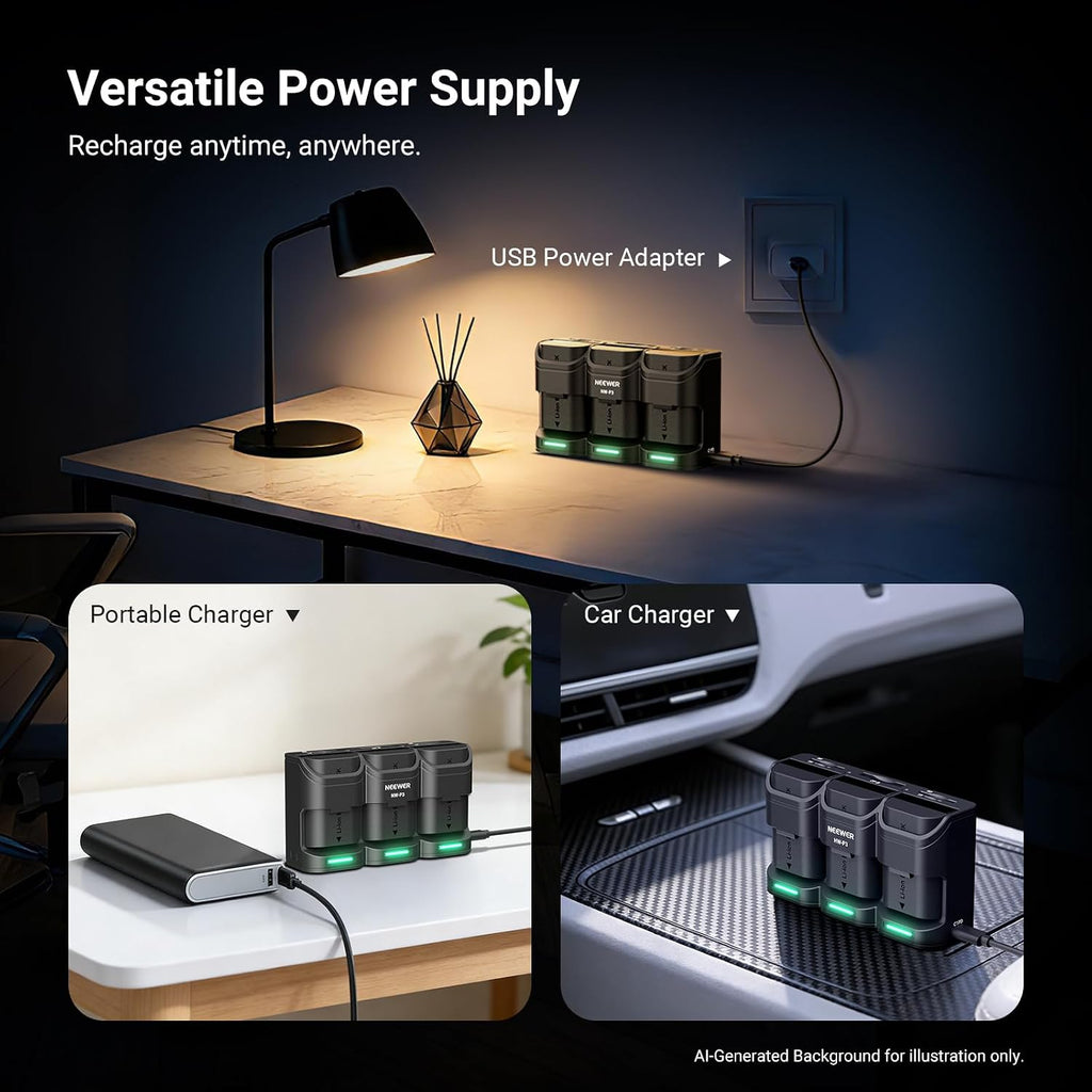 BASICS 3 Channel USB Camera Battery Charger for LP-E6 LP-E6N LP-E6NH LP-E6P, 36W PD Fast Charging Fully Charges 3