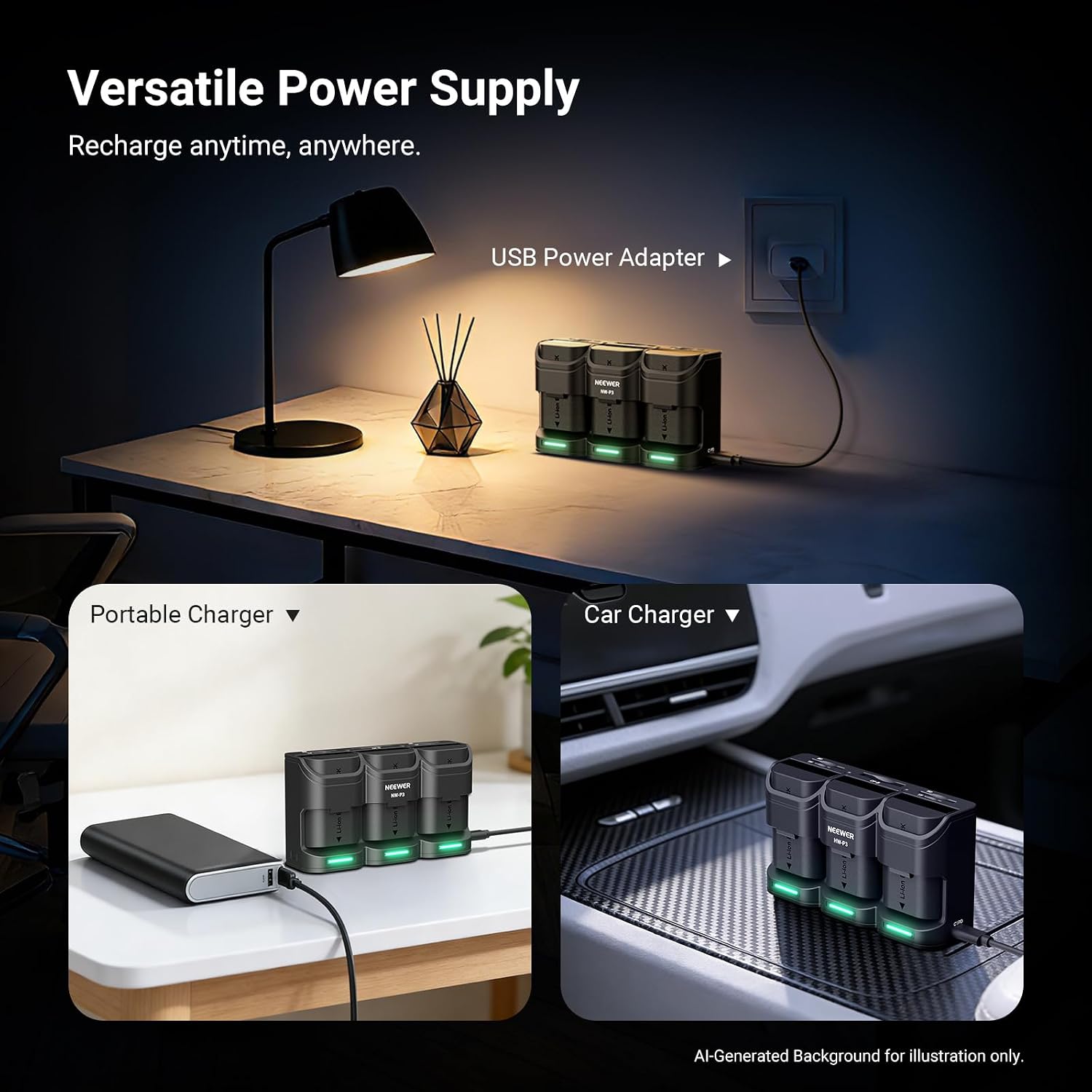 BASICS 3 Channel USB Camera Battery Charger for LP-E6 LP-E6N LP-E6NH LP-E6P, 36W PD Fast Charging Fully Charges 3
