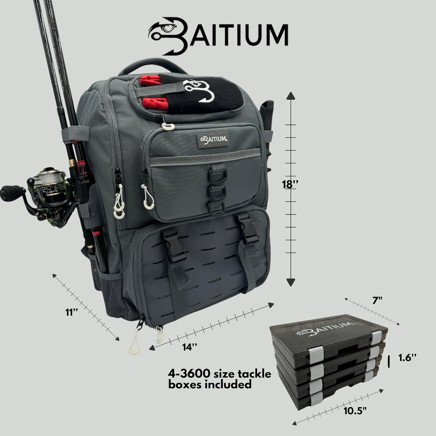 Fishing Backpack, Tackle Bag With Rod Holders, 40L Capacity With Cooler, Rain Cover, Insulated Pocket, 4 Tackle Trays