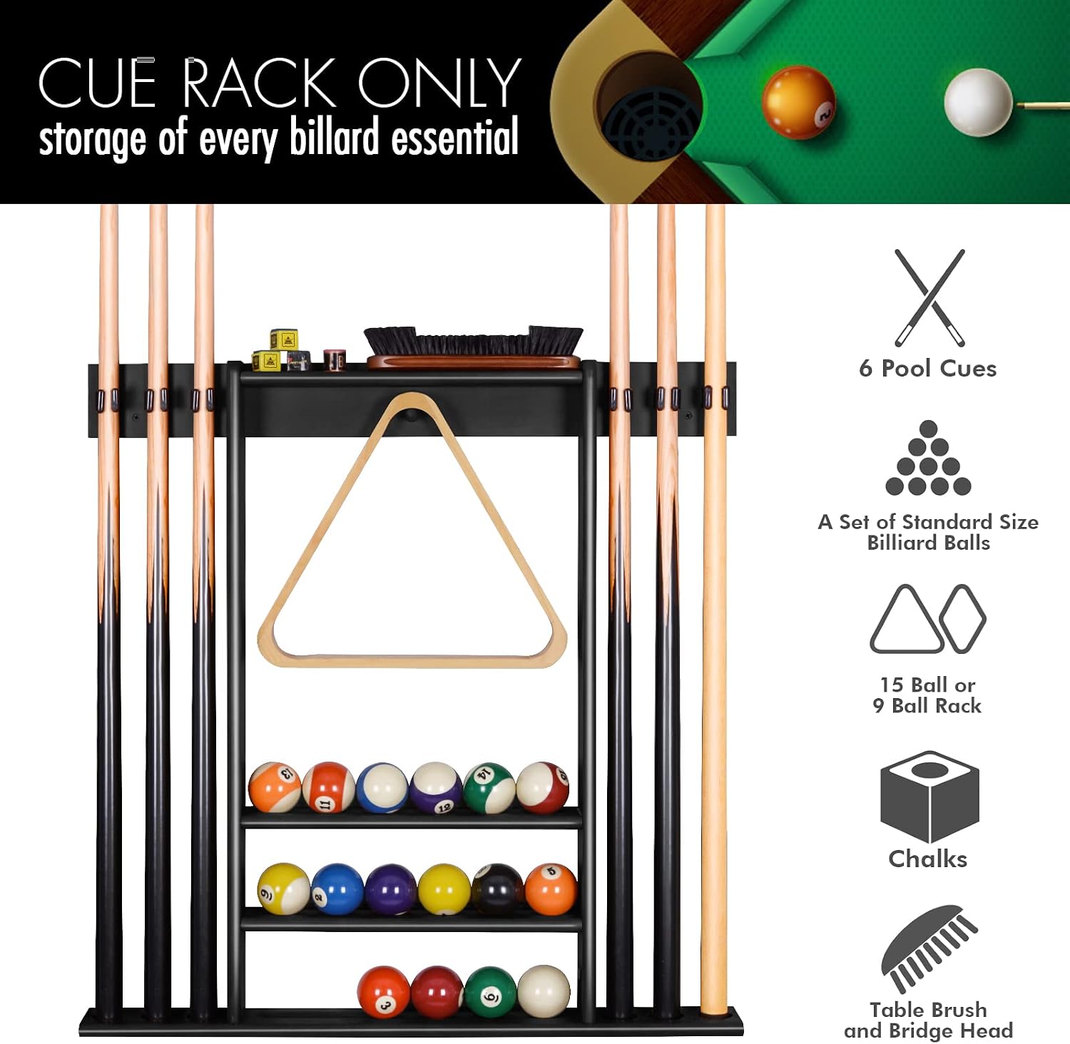 Pool Cue Rack Wall Mount For 6 Cues, Balls & Billiard Accessories Storage | 100% Solid Pine Wood Pool Stick Holder