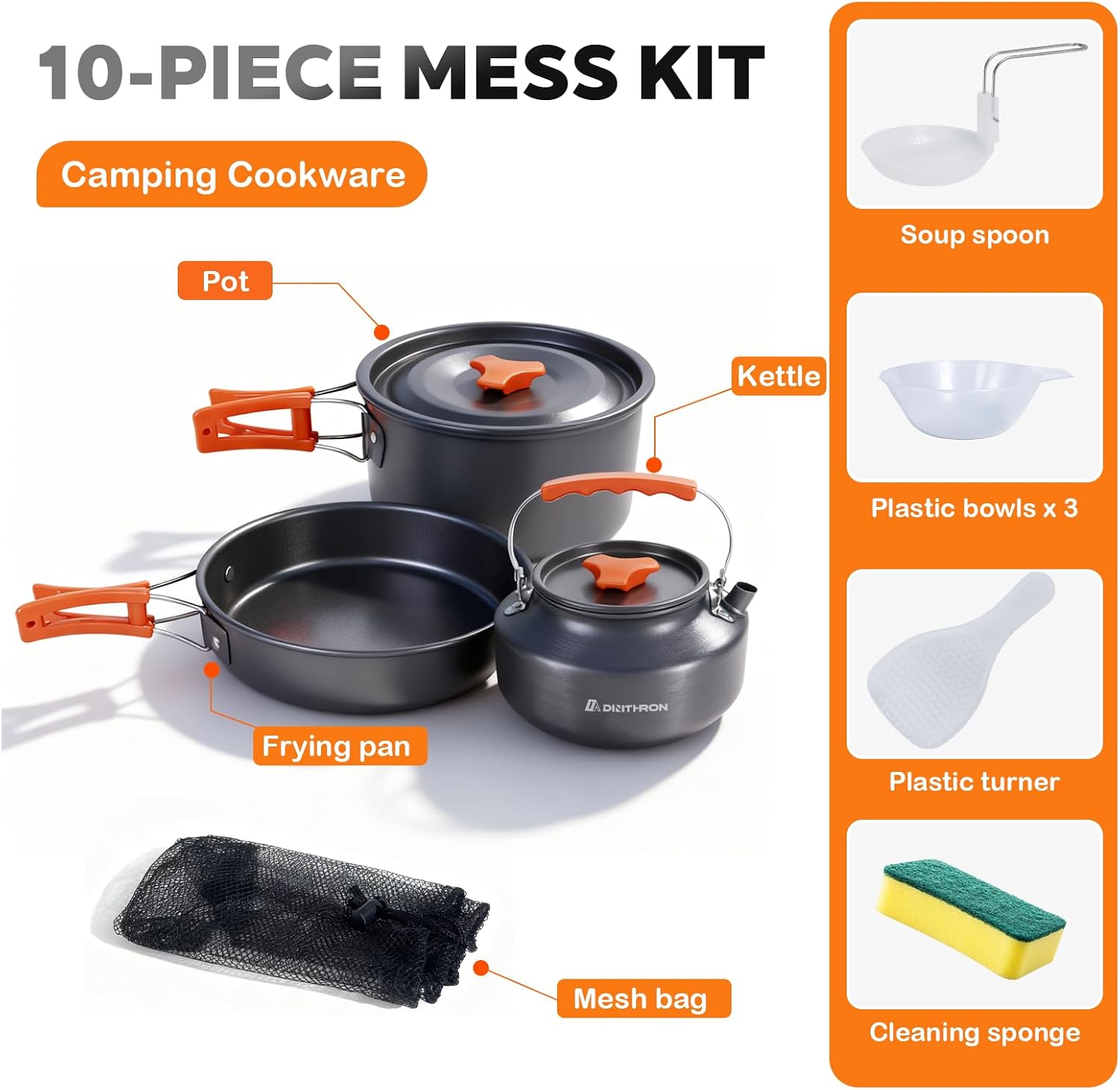 10-Piece Camping Cookware Set with 2L Pot, 1.1L Kettle and Pan | Lightweight backpacking mess kit, durable