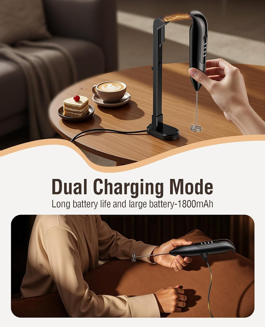 Electric Milk Frother: LED&Wireless Charging, 3 Heads 3 Speeds | Coffee Handheld Frother With 1800mAh 6-Hour Battery