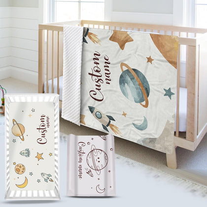 Personalized Baby Crib Bedding Set – Planet Space Theme Nursery Bedding Sets 3 Piece with Custom Name Blanket, Fitted