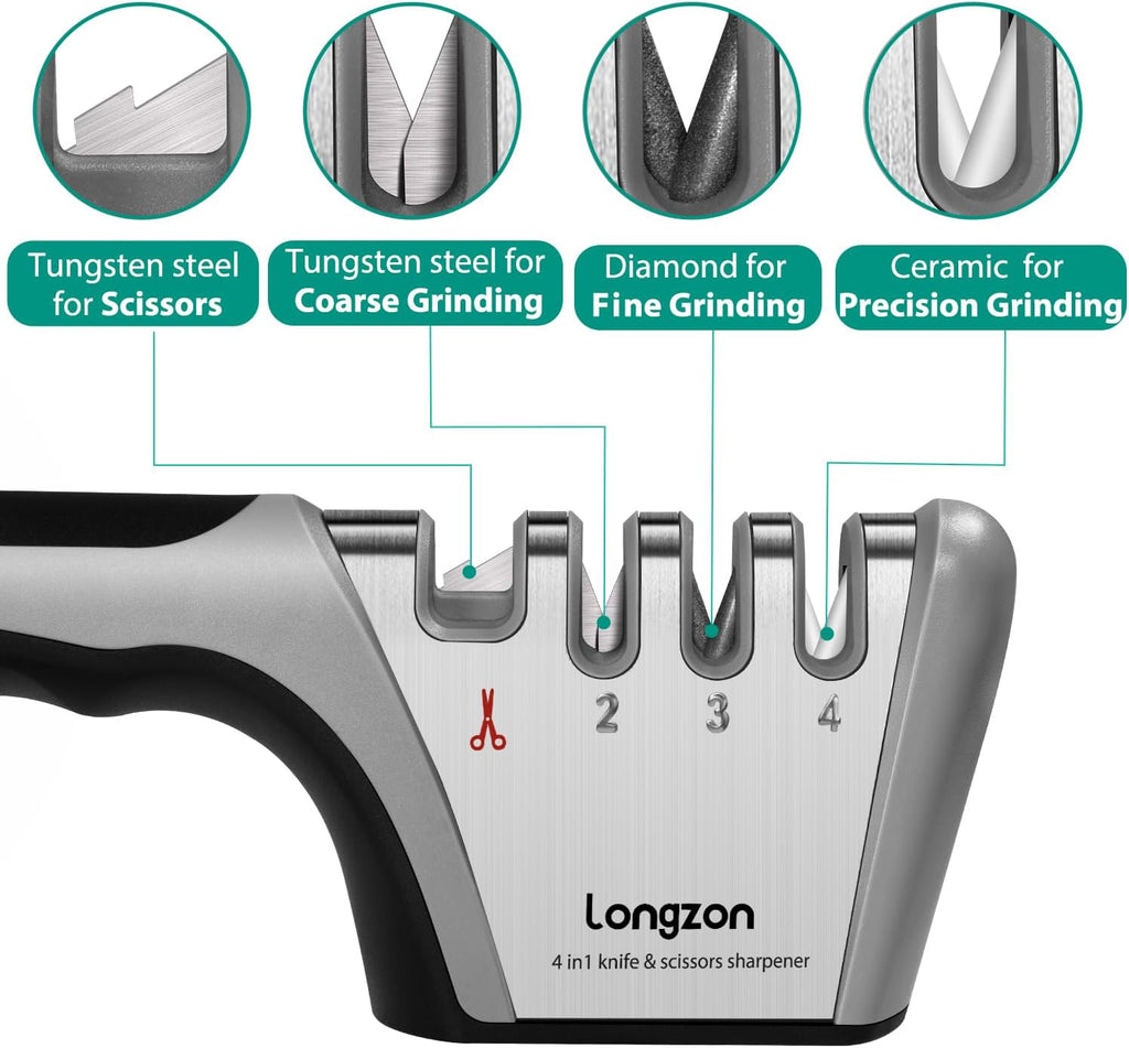 5-in-1 Knife Sharpener 4 Stage with Cut-Resistant Glove, Quickly Sharpens & Restores Dull Blades, Easy & Safe for