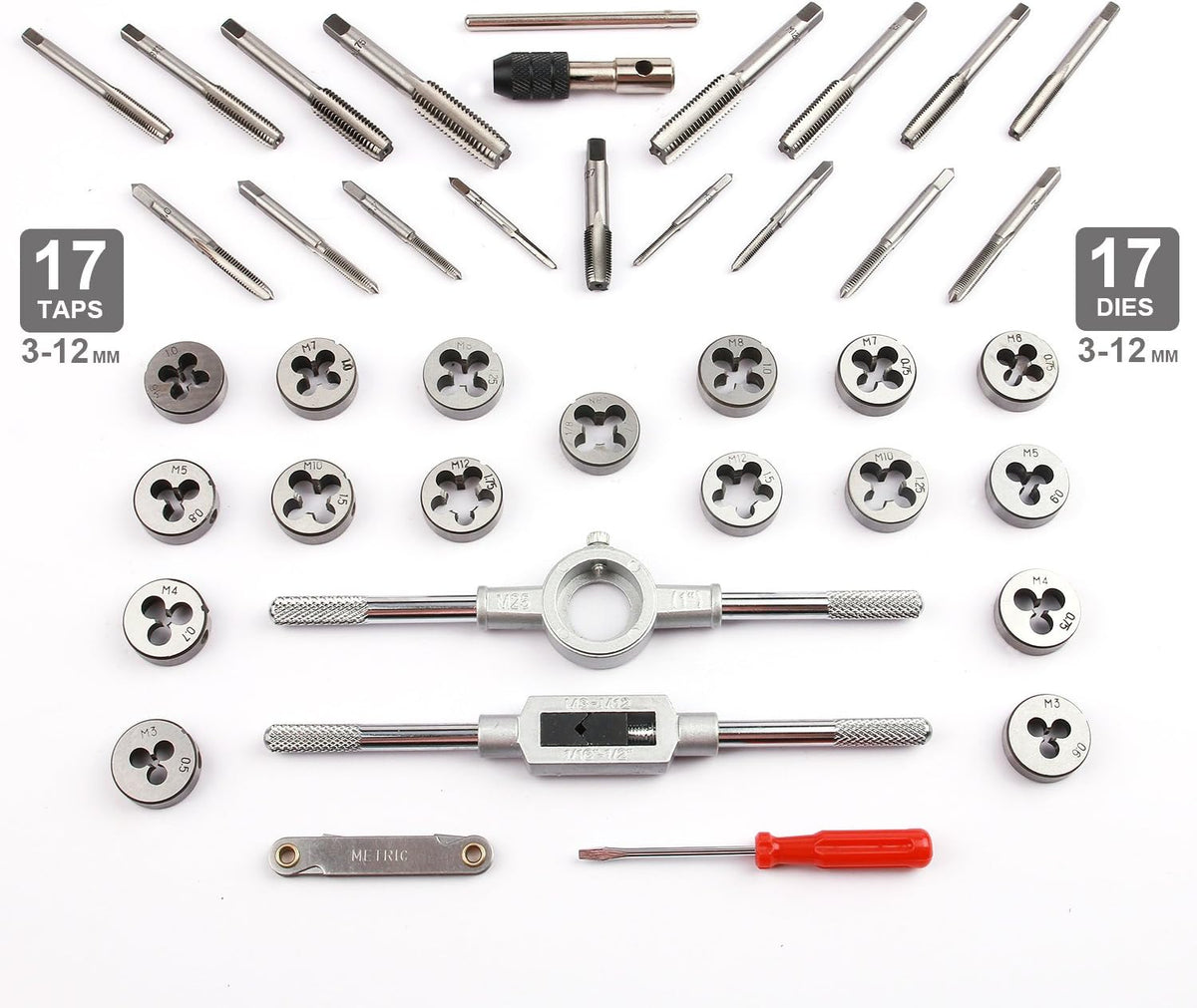 EFFICERE 40-Piece Premium Tap and Die Set, Metric Screw Threads M3, M4, M5, M6, M7, M8, M10, M12, Both Coarse and Fine Types | Essential Threading Tool Kit with Complete Handles, Accessories and Case