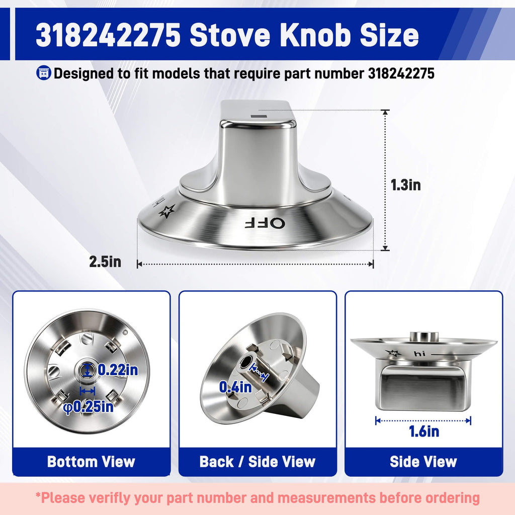 6-Pack 318242275 Burner Knobs Compatible with Electrolux Gas Cooktop Ranges