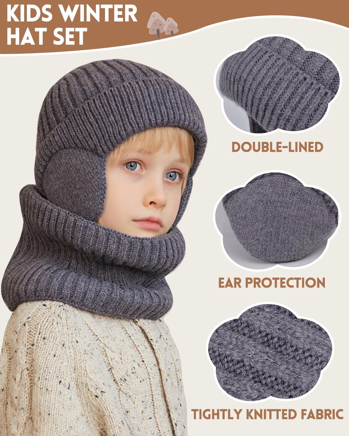 Kids Winter Beanie Hat Scarf Gloves Set 4-10Y, Knit Hat With Earmuffs Neck Gaiter Fleece Lined Touchscreen Gloves