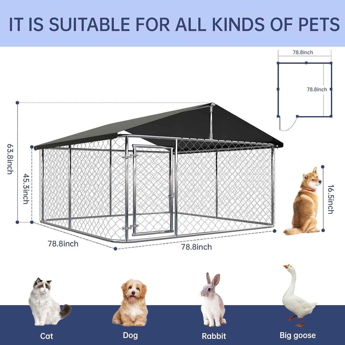 Large Outdoor Dog Enclosure,Heavy Duty Dog Kennel with Roof,Galvanized Steel Dog Cage Fence with Double Safety