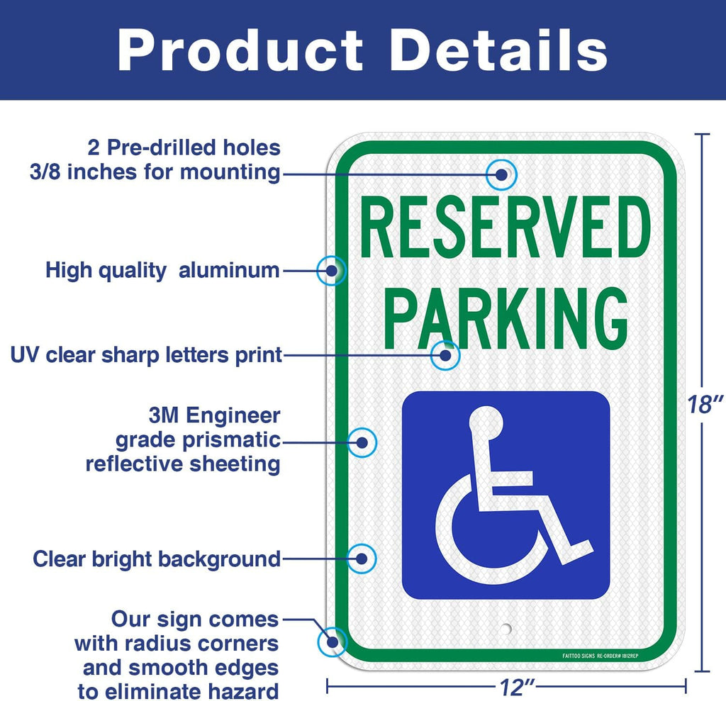 (2 Pack) Reserved Handicap Parking Sign with Wheelchair Picture, 18 x 12 Engineer Grade Reflective Sheeting, Rust