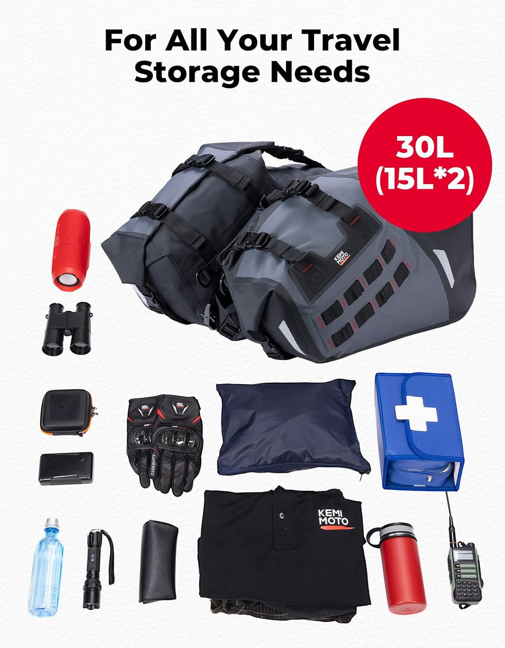IPX6 Waterproof Motorcycle Saddlebags 30L(15Lx2) PVC Side Tail Bag | Motorbike Adventure Dual Sport Bike Dirtbike