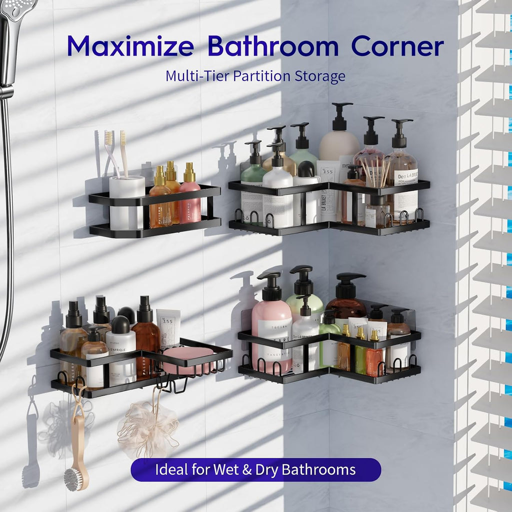 Shower Caddy Corner No Drilling-Adhesive, Shower Shelves-Rustproof | Organizer for Dorm. Black, 4-Pack - with Soap