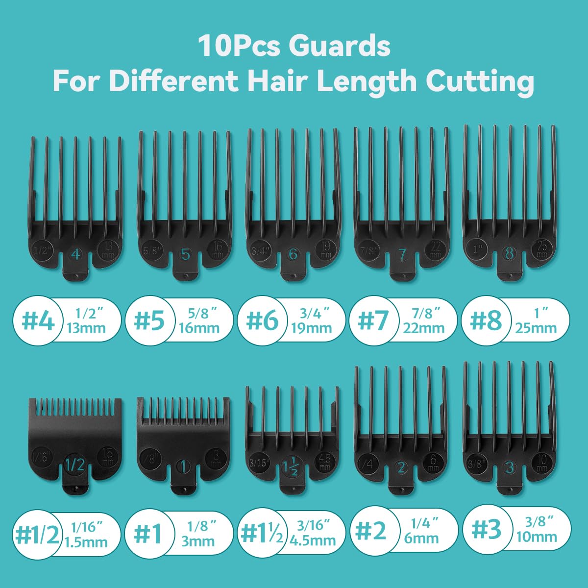 Clipper Guards Set Compatible with Most Wahl Clippers with Holder, Clipper Guides Replacement - 1/16" to 1", 10 Piece