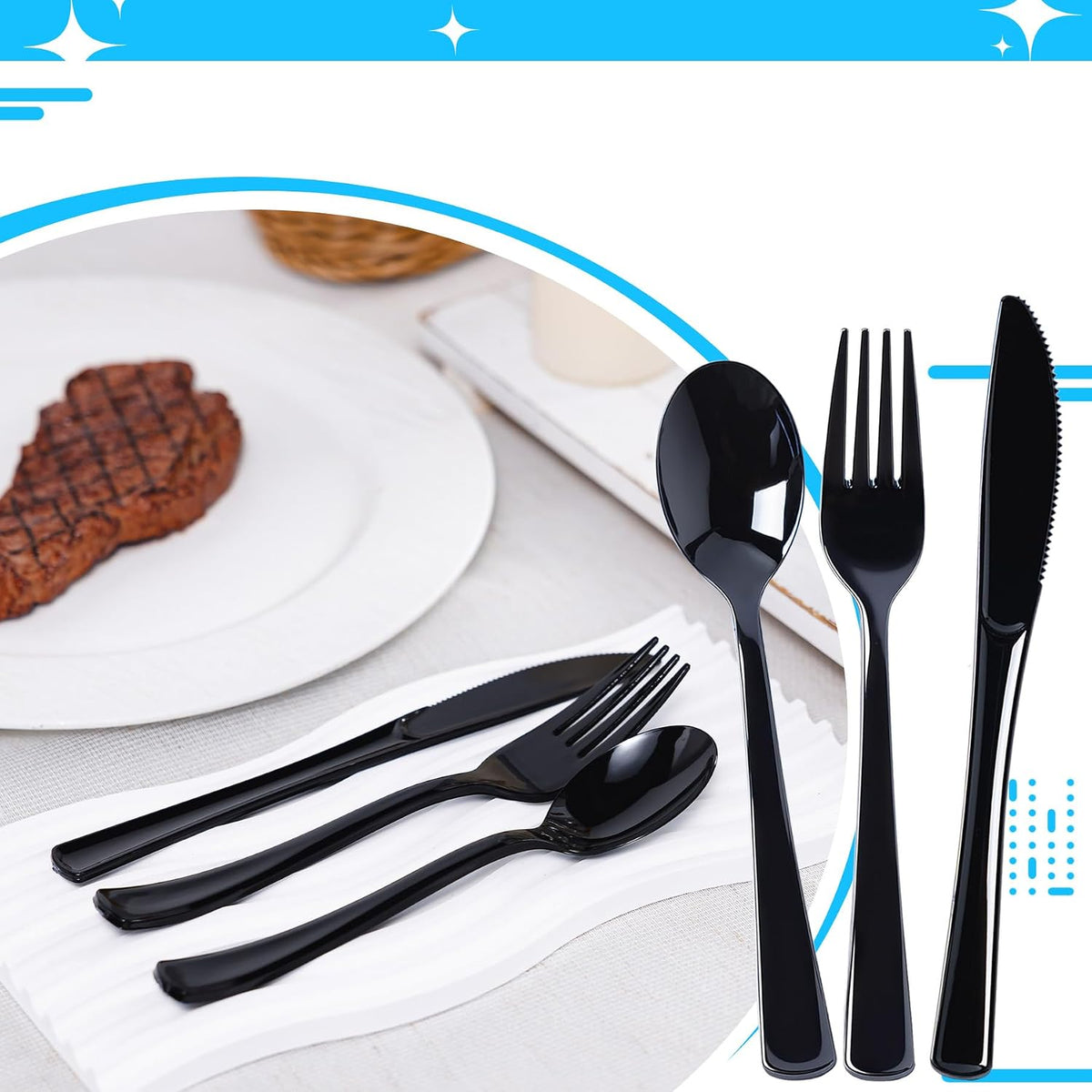 100 Count Black Plastic Silverware Set, Heavy Duty Disposable Cutlery