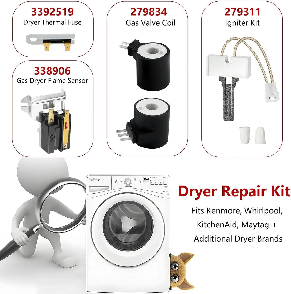 Gas Dryer Repair Kit, Dryer Parts 338906 Flame Sensor for Whirlpool Dryers, Replacement Part with 279311 Igniter with 279834 Gas Valve Solenoid Coil with 3392519 Thermal Fuse for Kenmore Dryers