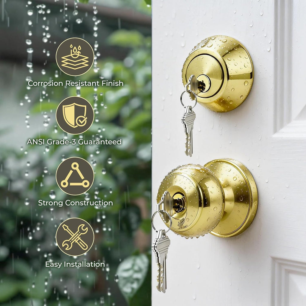 2 Pack Keyed Alike Door Knob and Double Cylinder Deadbolt Set, Exterior Door Lock Set, Polished Brass