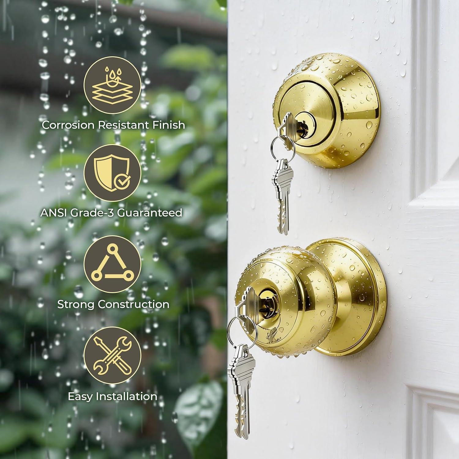 2 Pack Keyed Alike Door Knob and Double Cylinder Deadbolt Set, Exterior Door Lock Set, Polished Brass
