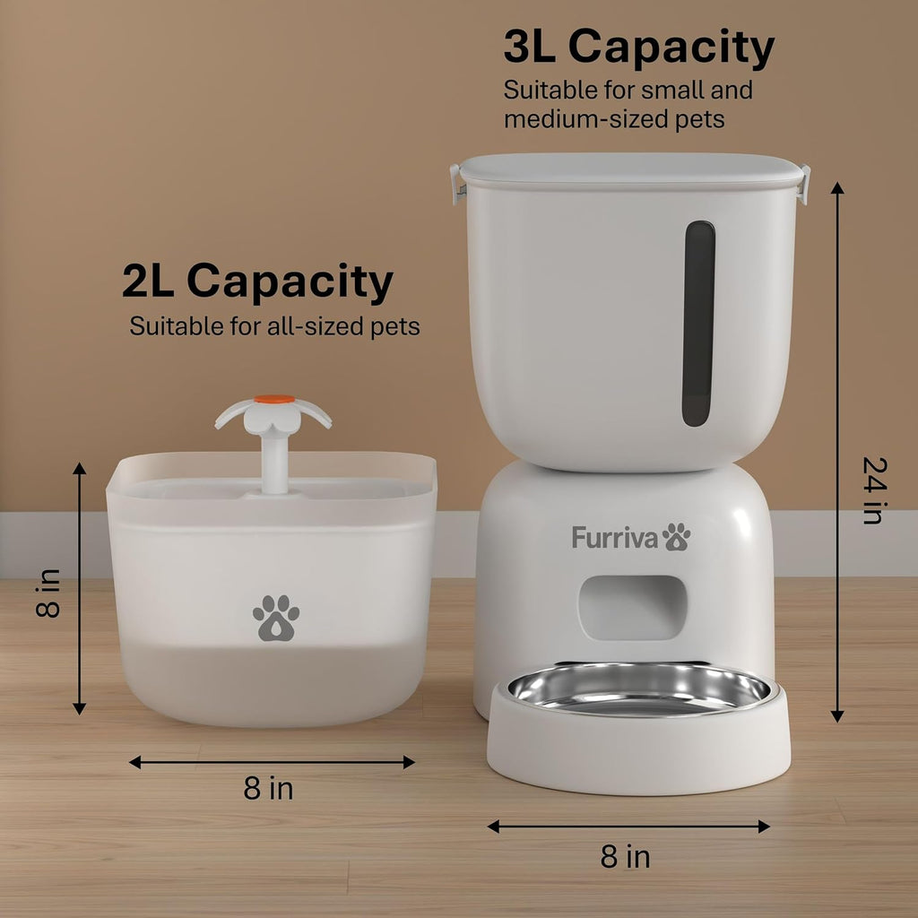Automatic Cat Feeder and Water Fountain Set, White - 3L Feeder & 2L Fountain, Stainless Steel Bowl, Locking Lid