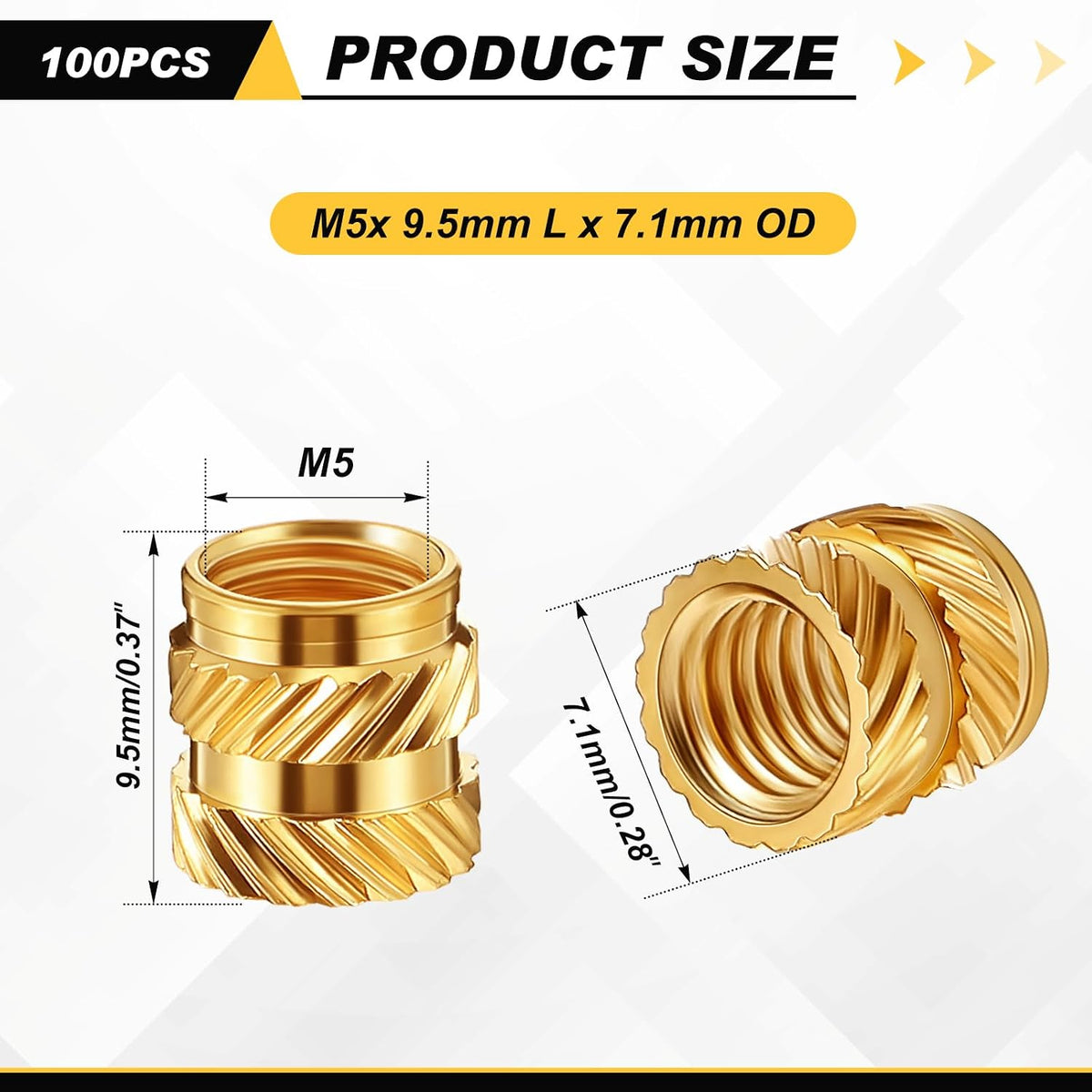 Yaocom 100 Pcs M5 Threaded Inserts M5 x D7.1 x L9.5 Heat Set Inserts Brass 3D Printing Knurled Metric Nuts for Plastic, 3D Printing Components