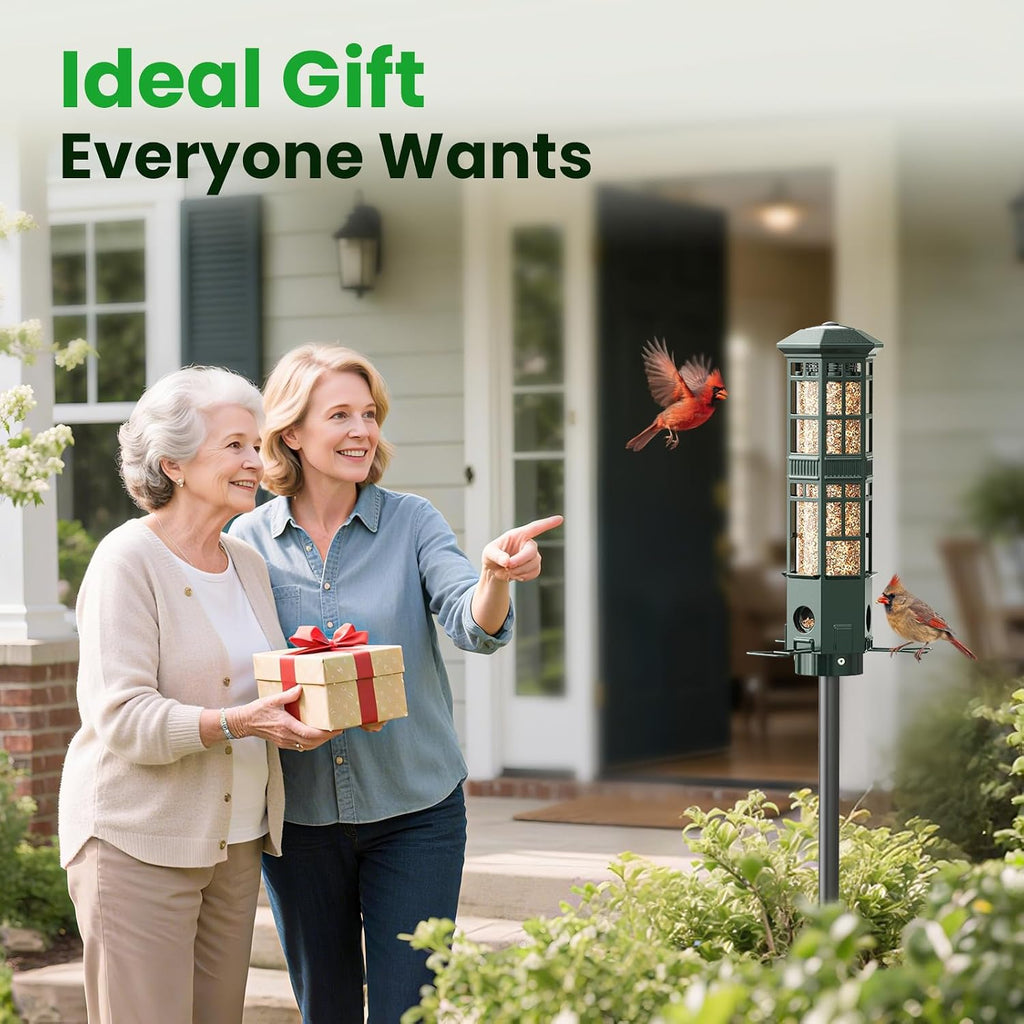 Squirrel Proof Bird Feeder, Chew-Resistant Metal Hanging Bird Feeder for Outdoors Gravity Spring Mechanism, 3 Feeding