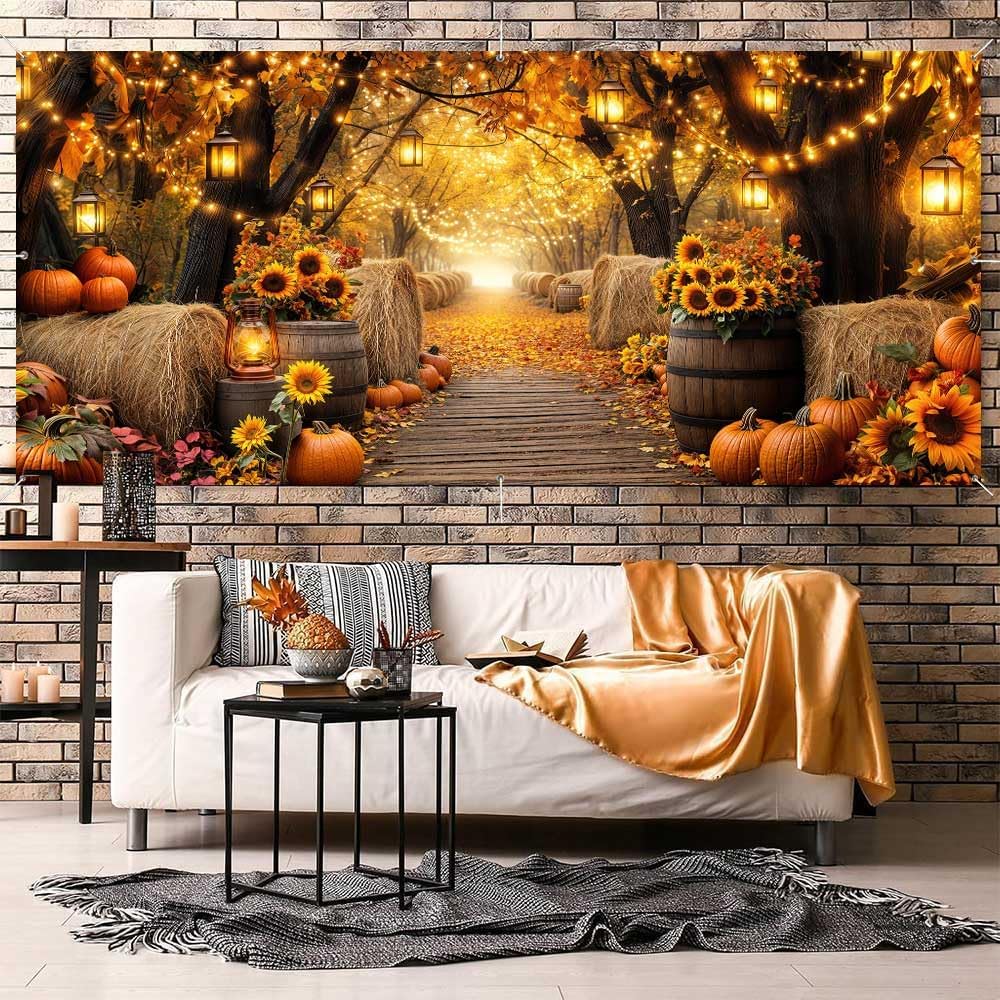 Fall Photo Garage Door Cover Decorations, Autumn Forest Scenery Maple Leaves Pumpkins Sunflowers Farm Harvest